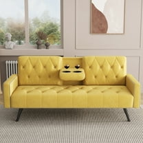 Aukfa Velvet Futon Convertible Sofa Bed for Home Office, 2 Cup Holders, Nailhead Detail, Yellow