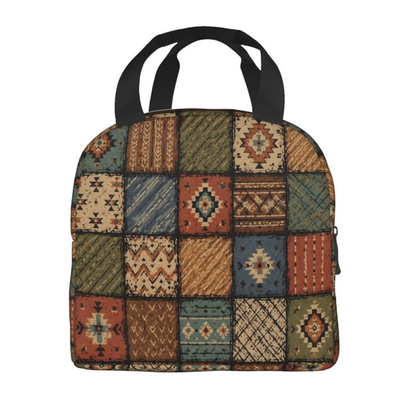 Boho Patchwork Geometric Lunch Bag Thick Aluminum Foil Tote Cooler for Women Office Picnic Gift