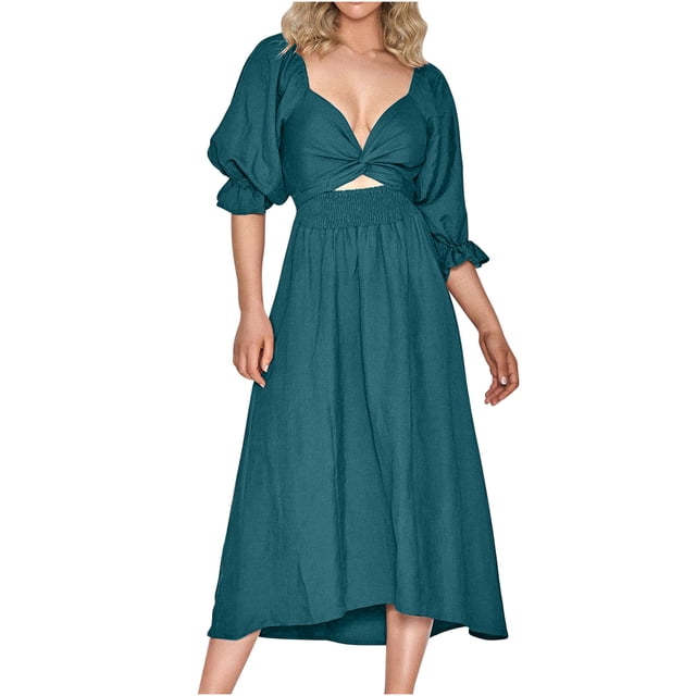 Gspmoly Robes d'Été pour Femmes, Robe Longue Décontractée à Manches Courtes d'Été à Col en V pour Femmes, Robes Formelles pour Femmes en Liquidation