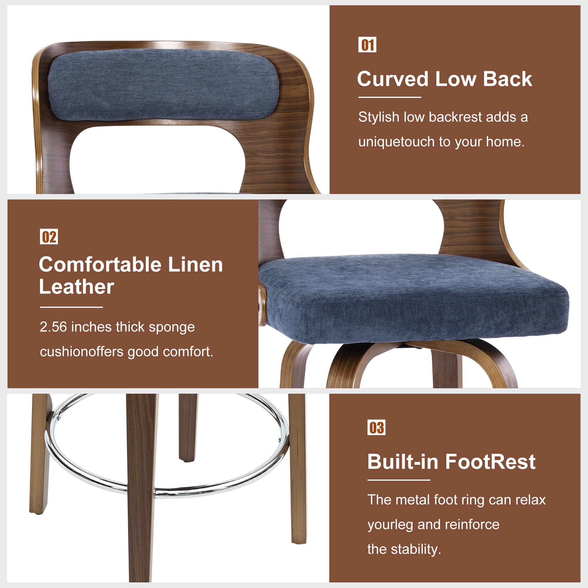 FANCROU 26 inch Swivel Counter Height Bar Stools Set Of 1, Linen Fabric Seat , Bentwood Walnut Color Back And Legs, Blue