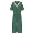 thumbnail image 4 of Scyoekwg Womens 2 Piece Outfits Cotton Linen Solid Color Trendy Short Sleeve V-Neck Tops Wide Leg Pants Loose Casual Tracksuit Sweatsuits Sets (Green,XXXXXL), 4 of 5