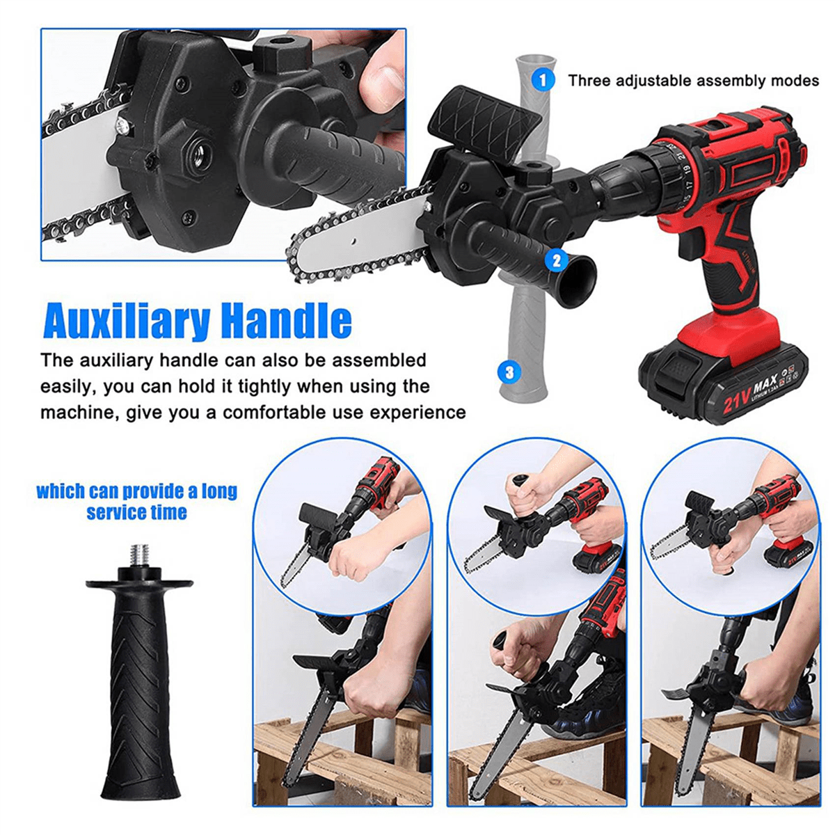 2X Electric Drill Converter Into Electric Saw with 4 Inch Chain Mini Handheld Chain Saw Conversion Bracket Black