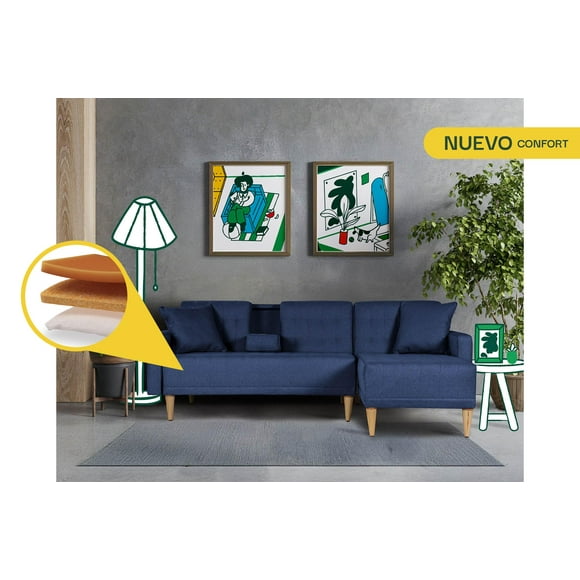 Sala Modular Reversible Makora Kendall Con Memory Foam, Color Azul, Lino Respaldo Reclinable De 3 posiciones.