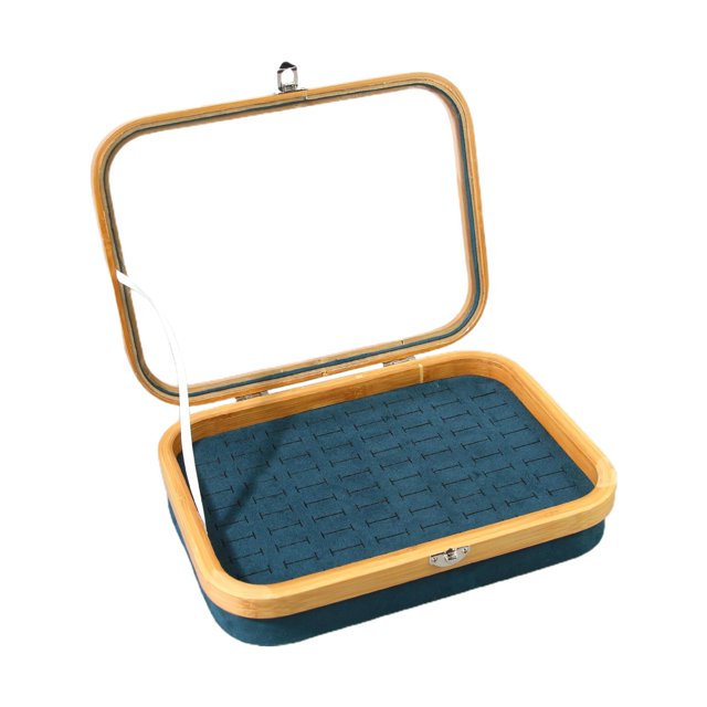 Estuche organizador de joyas portátil con tapa transparente para pendientes y anillos azul