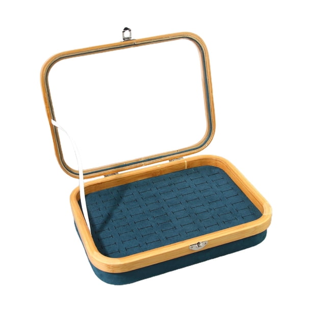 Estuche organizador de joyas portátil con tapa transparente para pendientes y anillos azul