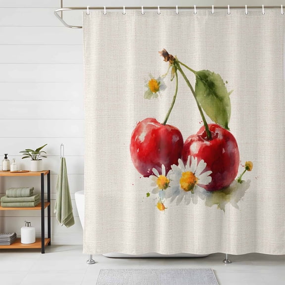 Cherry Farmhouse Shower Curtains for Bathroom, Modern Rustic Cherries Daisy Linen Waterproof Fabric Shower Curtain, Decorative Bathroom Curtain for Bathtub, 72"x84" , No Hooks Included