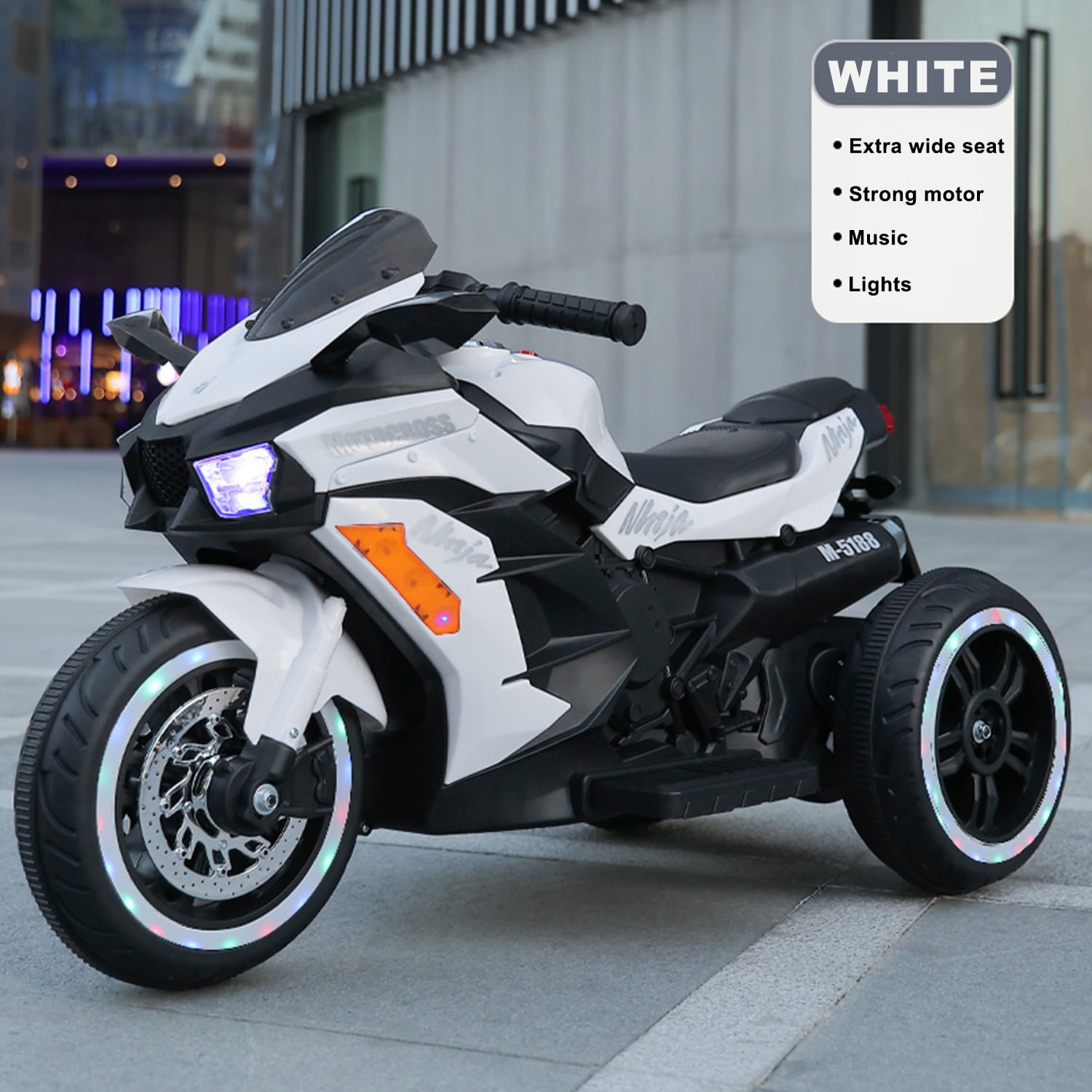 CIPACHO Kids Ride on Motorcycle, 12V Battery Powered 3 Wheels Motorcycle Toy for Children Boys & Girls, Electric Toy Cars with Upgrade the Luminous Wheel, White