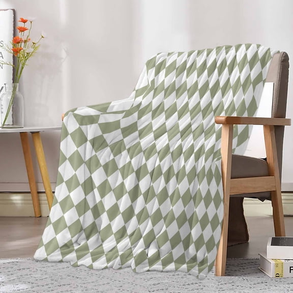 Fleece Blanket Modern Sage Green White Check Blankets, Soft Cozy Warm Flannel Throw Blanket, Abstract Buffalo Plaid Blanket for Bed Couch Sofa,30x40In