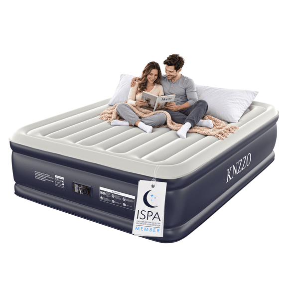 Knzzo Queen Air Mattress with Built-In Pump, 18-Inch Raised Inflatable Bed for Guests, Home and Travel, Dark Navy