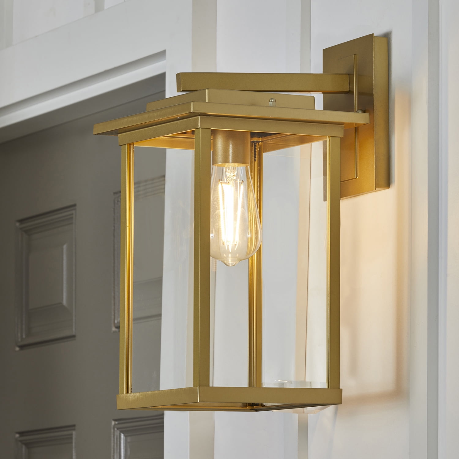 Better Homes & Gardens 15" Classic Outdoor Wall Light, Brass Finish Glass Lens, Corded Electric, ST19 LED bulb