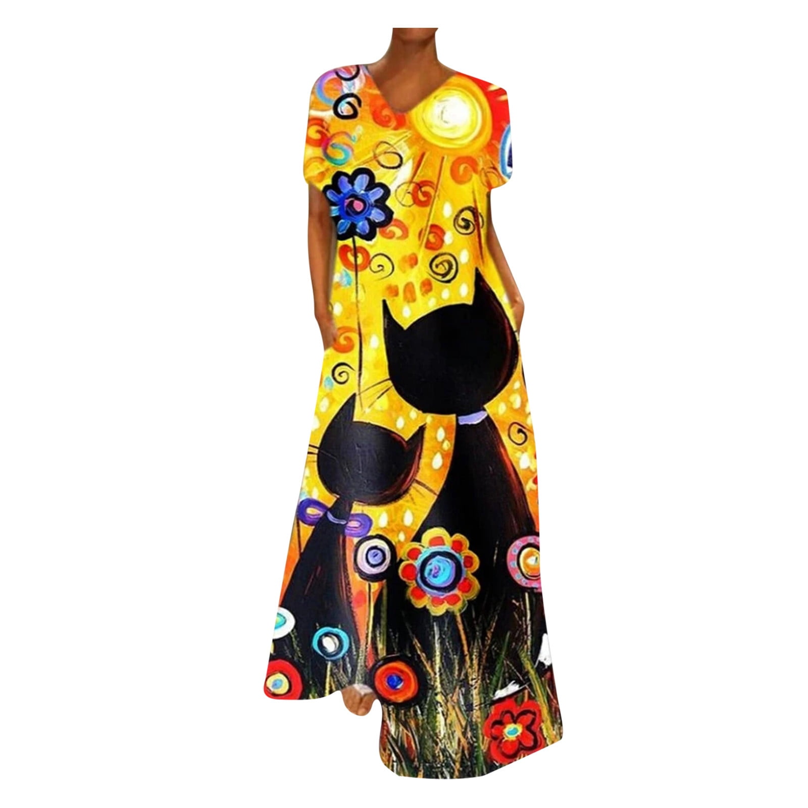 jsaierl Summer Dresses for Women 2023 Casual Short Sleeve Cat Print ...