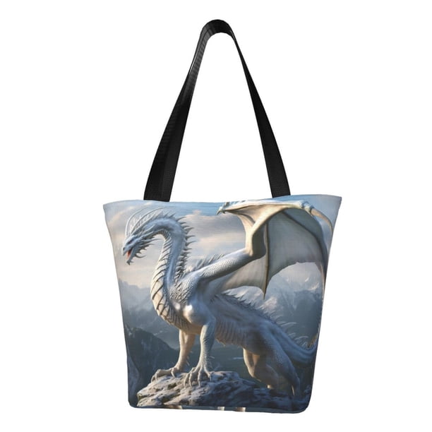 Fotbe Mountain White Dragon Bolsa de Playa con Estampado, Bolsa de Hombro, Bolsa de Mano Espaciosa, Bolsa de Viaje Ligera, Bolsa de Compras Versátil