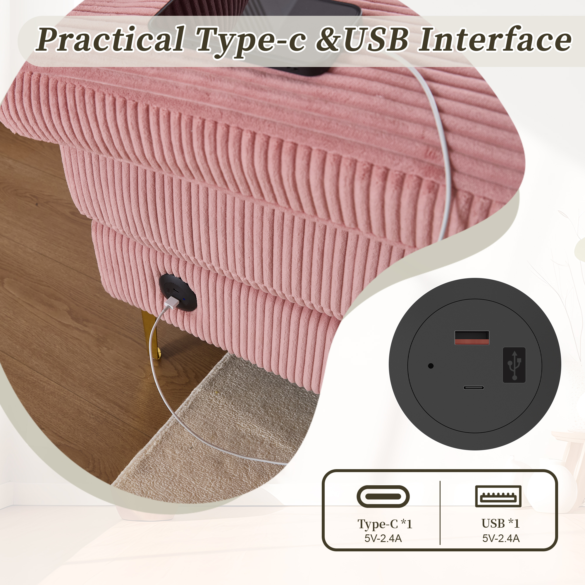 MOONMISS Corduroy Upholstered U-shaped Adjustable Light Modular Sectional Sofa With Type-C and USB ports-Pink
