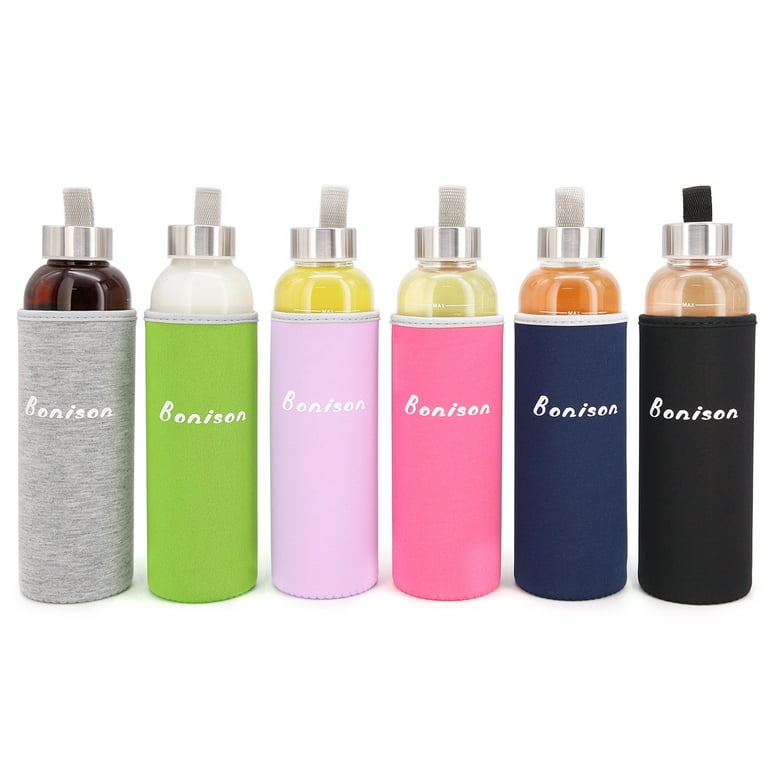 Set of 6 Newest 18.5 Oz Borosilicate Glass Water Bottle with Colorful Nylon  Sleeve, Extra Thick Base, BPA Free, Crystal Clear, Trendy Design. 