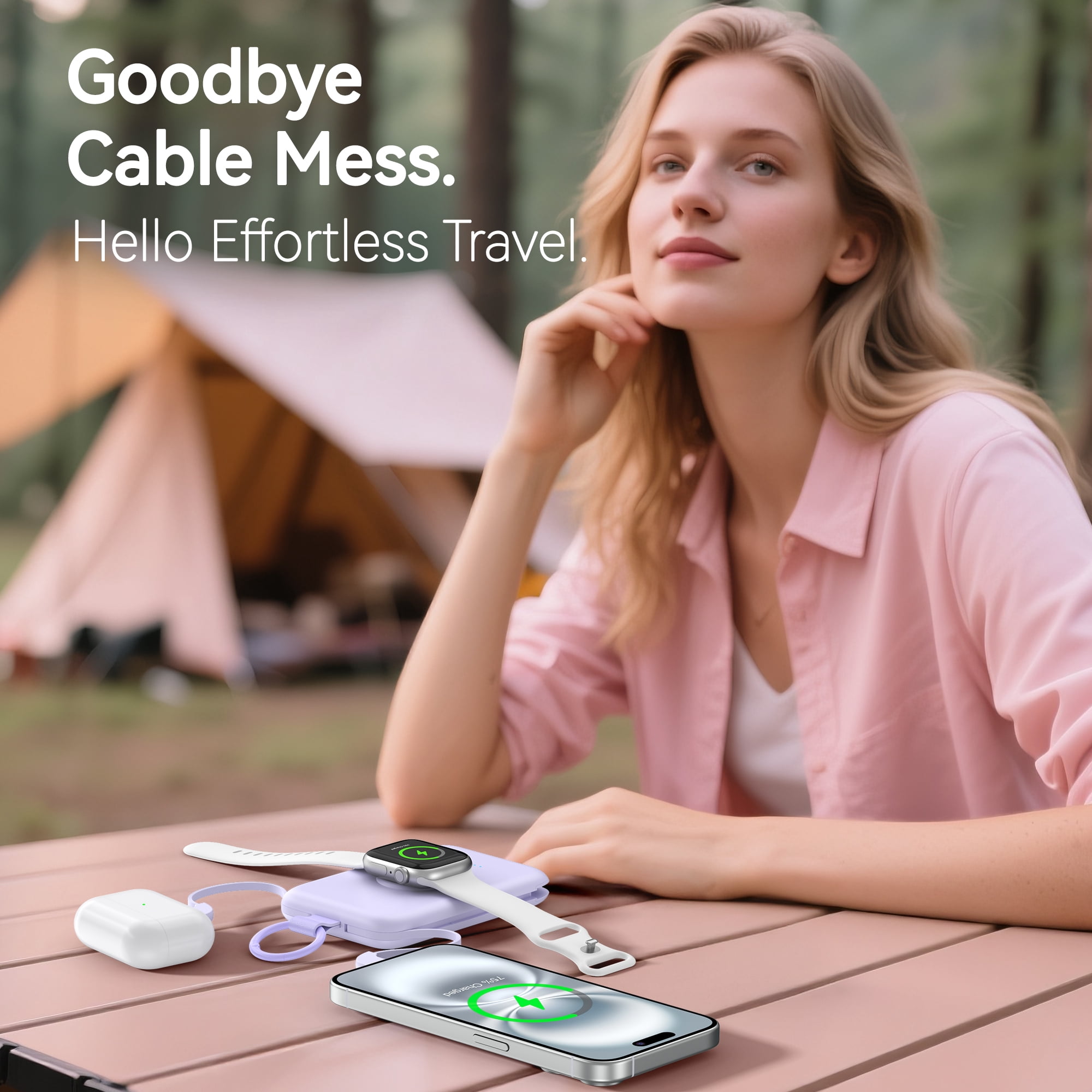 RORRY 10000mAh Portable Charger with Built-in Cables, 20W Fast Charging Power Bank Compatible with iPhone 17/16/15/14, Apple Watch,Samsung & Android Phones,Purple with Purple Keychain