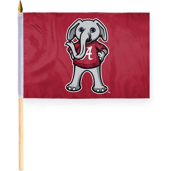 AGAS Alabama UA Crimson Tide Flag - Stick Flag - Handheld - 12in x18 in - Double-Layer Printed 200 Denier Nylon- 24" Extra-heavy Natural Wooden Dowel