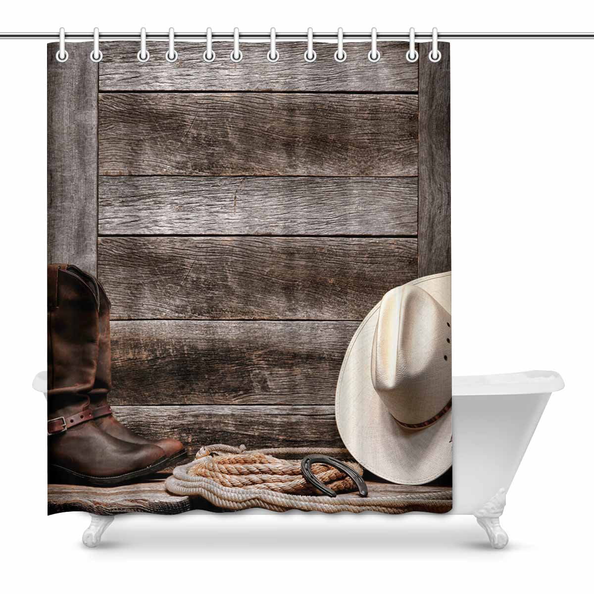 Cowboy Hat Lasso Rodeo Rustic Wood Panels Bathroom Fabric Shower Curtain 72inch 