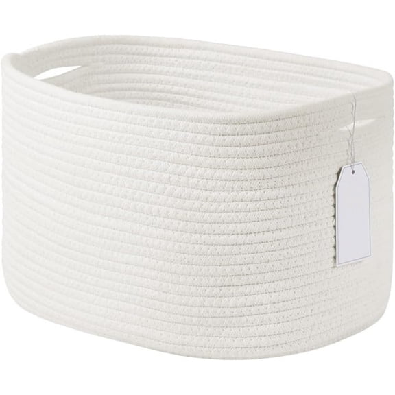 Cotton Rope Storage Basket, 15x10x9 Inches, Woven Basket for Shelves, Clothes, Toys, Towels, Books, and Laundry, Durable and Stylish, White (1 Pack)