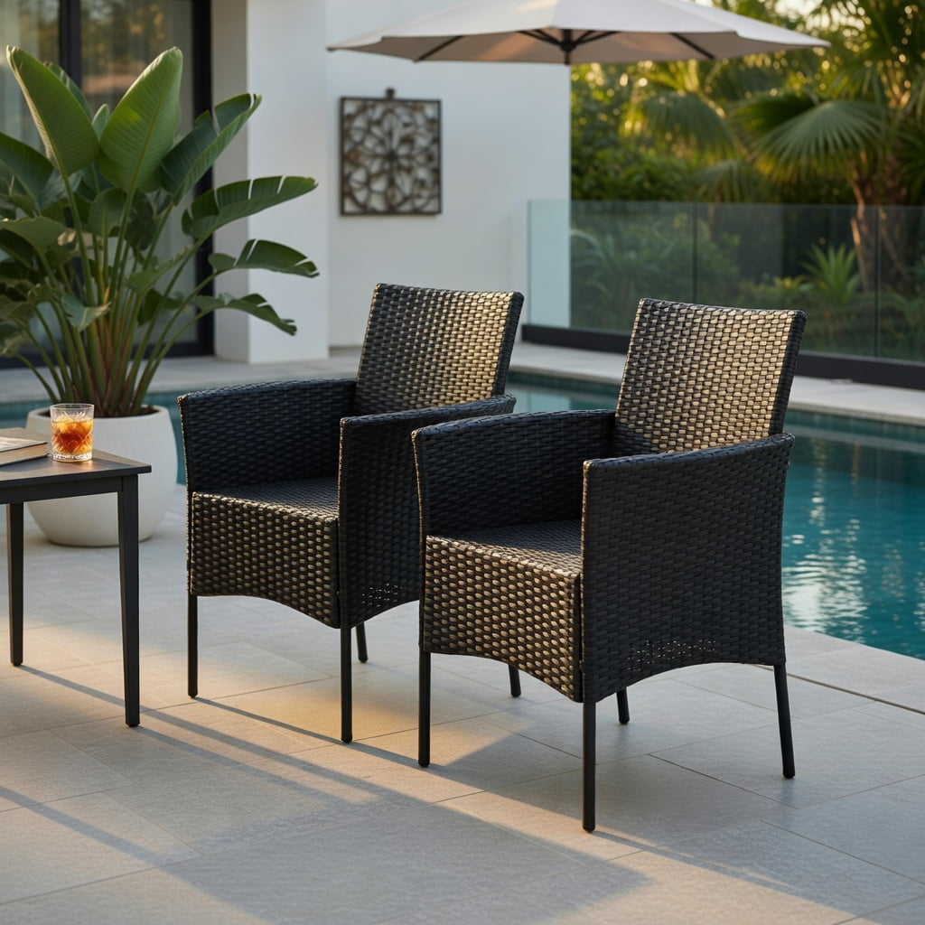 Hommoo 2-Pack Outdoor Wicker Patio Chairs with Off-White Cushions, Weatherproof PE Rattan, Steel Frame, Ideal for Backyard, Poolside & Garden, Black