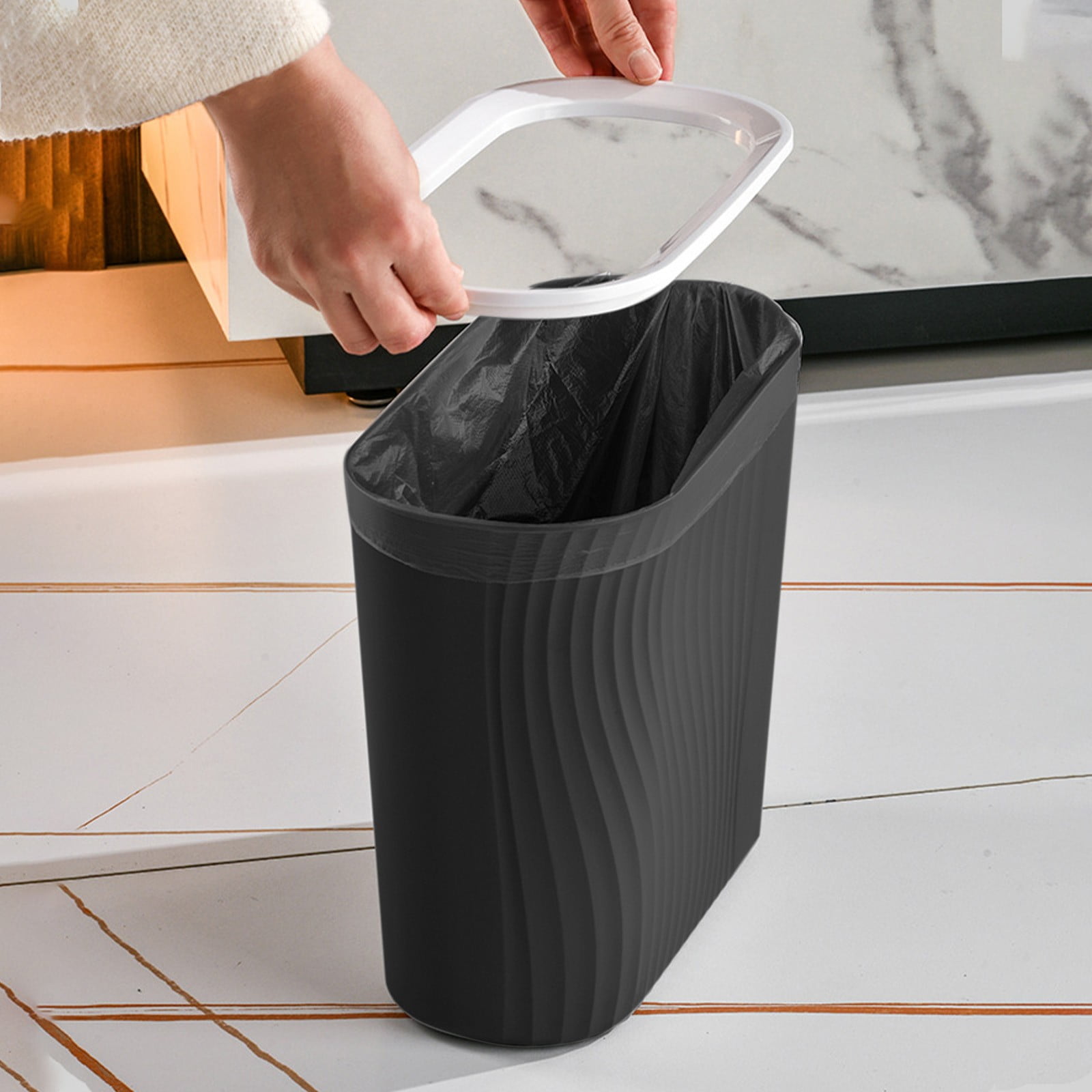 Cagogo Wastebasket, Plastic Trash Can, Striped Seamless Design for Home Kitchen Bathroom, Blue Gray White Small Garbage Bin for Office Garage Dorm