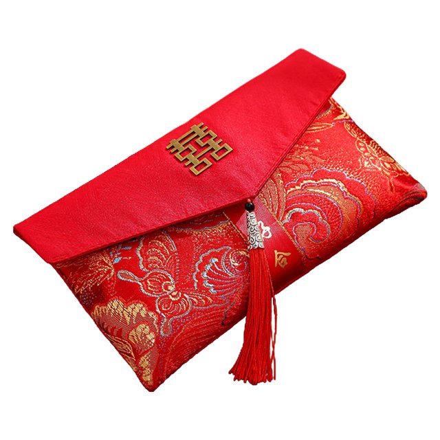 CSChome Enveloppe de Mariage Rouge Nouvel An Chinois Enveloppe en Argent Faux Soie Poche Rouge Motif Broderie Porte-Pompons