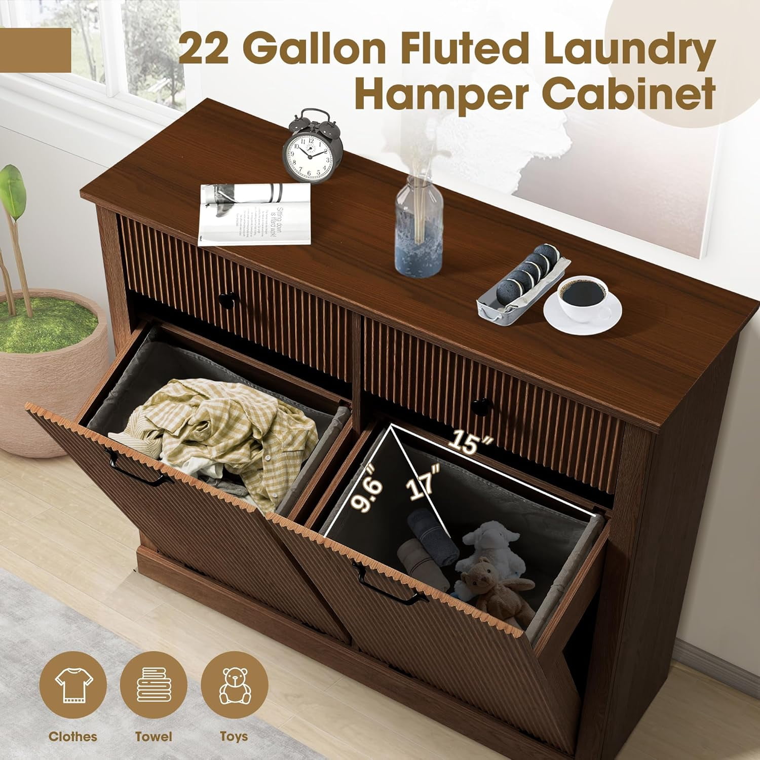 Magic Union Tilt Out Fluted Laundry Hamper Cabinet, 22 Gallon Double Hidden Laundry Hamper, Wooden Trash Can Cabinets with 2 Drawers, Modern Garbage Can Cabinet for Bathroom, Kitchen