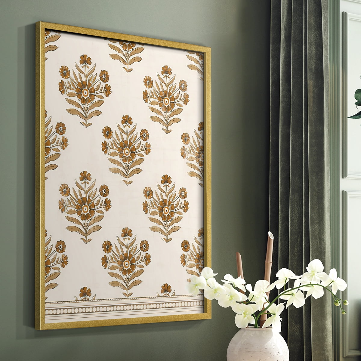 Block Print Blooms I Framed Print in Gold Solid Wood Framed Print No Nail Hanging