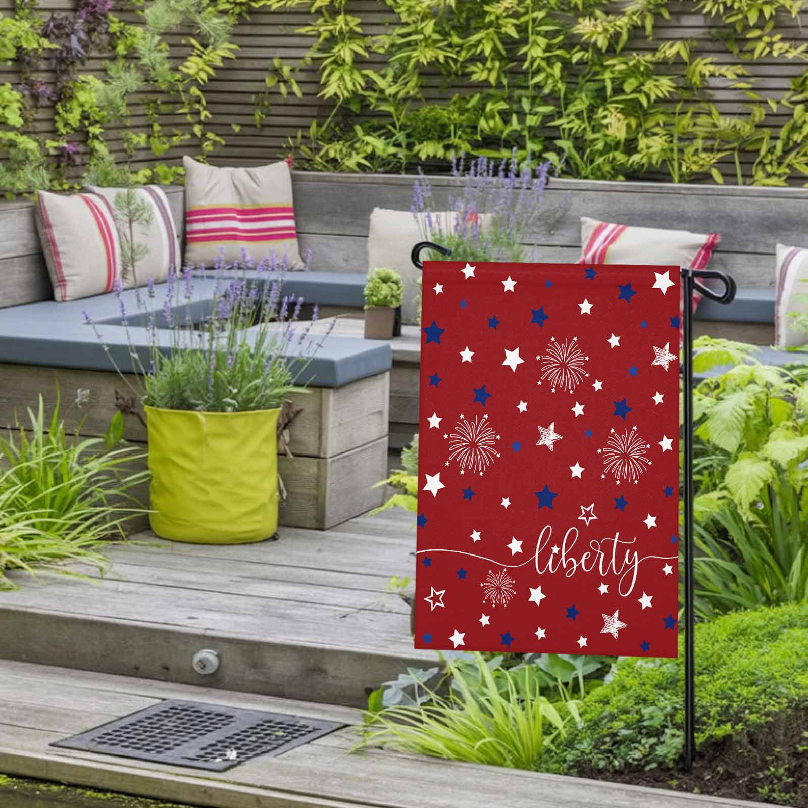 4th of July Garden Flags Patriotic Star Red White Blue Garden Flag Double Sided Welcome Flag Firework Liberty Independence Day Yard Flags for Outdoor Lawn Porch Memorial Day Holiday Decor 28x40 Inch