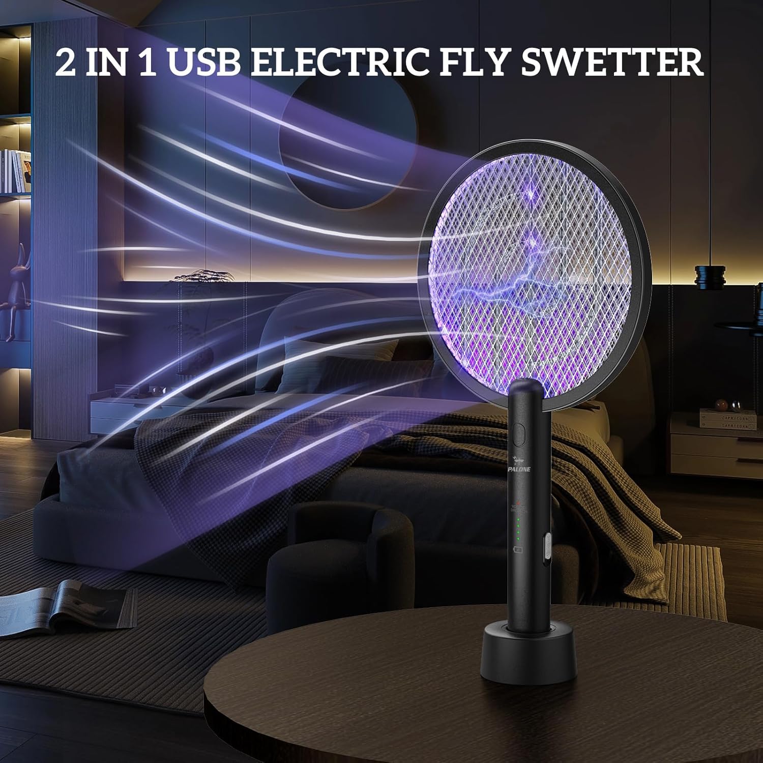 PALONE Electric Fly Swatter 3000V Bug Zapper Racket 2 in 1 Fly Swatter with 1200mAh Battery Rechargeable Mosquito Killer Lamp with 3 Layers Safety Mesh for Indoor and Outdoor