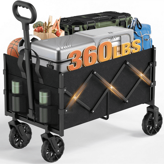 Collapsible Wagon, Portable Folding Wagons Carts with Wheels Foldable, 360lbs Heavy Duty Utility Cart with Cup Holders for Beach Grocery Camping Garden
