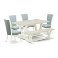 thumbnail image 6 of East West Furniture V026VE215-6 6 Piece Dining Room Table Set - 4 Baby Blue Linen Fabric Dining Chair with Nailheads and Linen White Dinner Table - 1 Kitchen Bench - Linen White Finish, 6 of 10