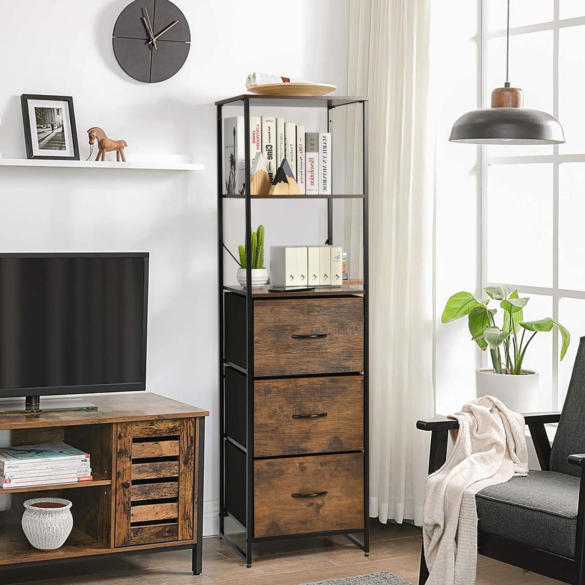 Costway Vertical 3 Drawer Dresser w/ 3 Shelves Tall Storage Tower Chest Freestanding