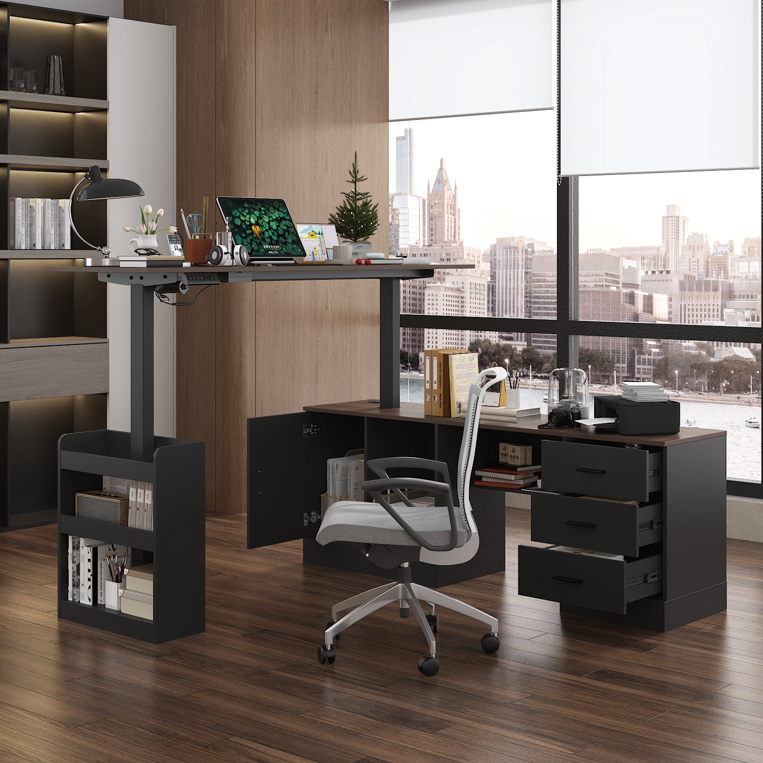 63" Electric Height Adjustable Standing Desk L Shap Office Desk,Black