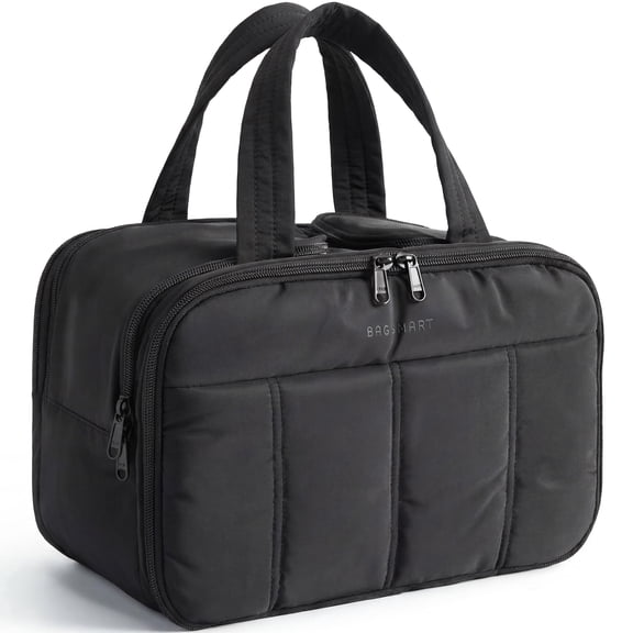 BAGSMART Travel Toiletry Bag, Puffy Large Toiletry Bag for Women, Lightweight Cosmetic Makeup Bag Organizer with Handle for Traveling, Accessories, Essentials, Toiletries, Black