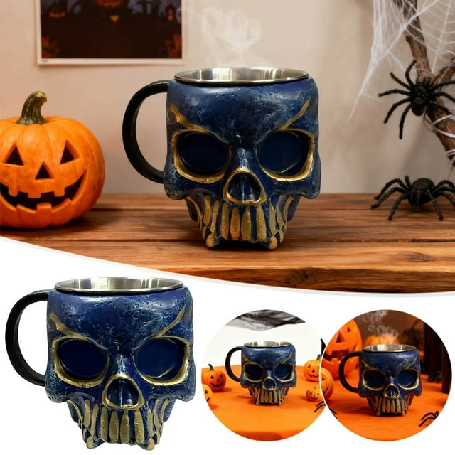 Taza de calavera de Halloween | Vaso de resina azul realista de gran capacidad | Material apto para uso alimentario para bebidas frías y calientes | Fácil de limpiar y apto para lavavajillas | Decora