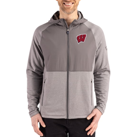 Men's Cutter & Buck Heather Gray Wisconsin Badgers Peshastin Eco Fleece Recycled Raglan Full-Zip Tri-Blend Hybrid Jacket