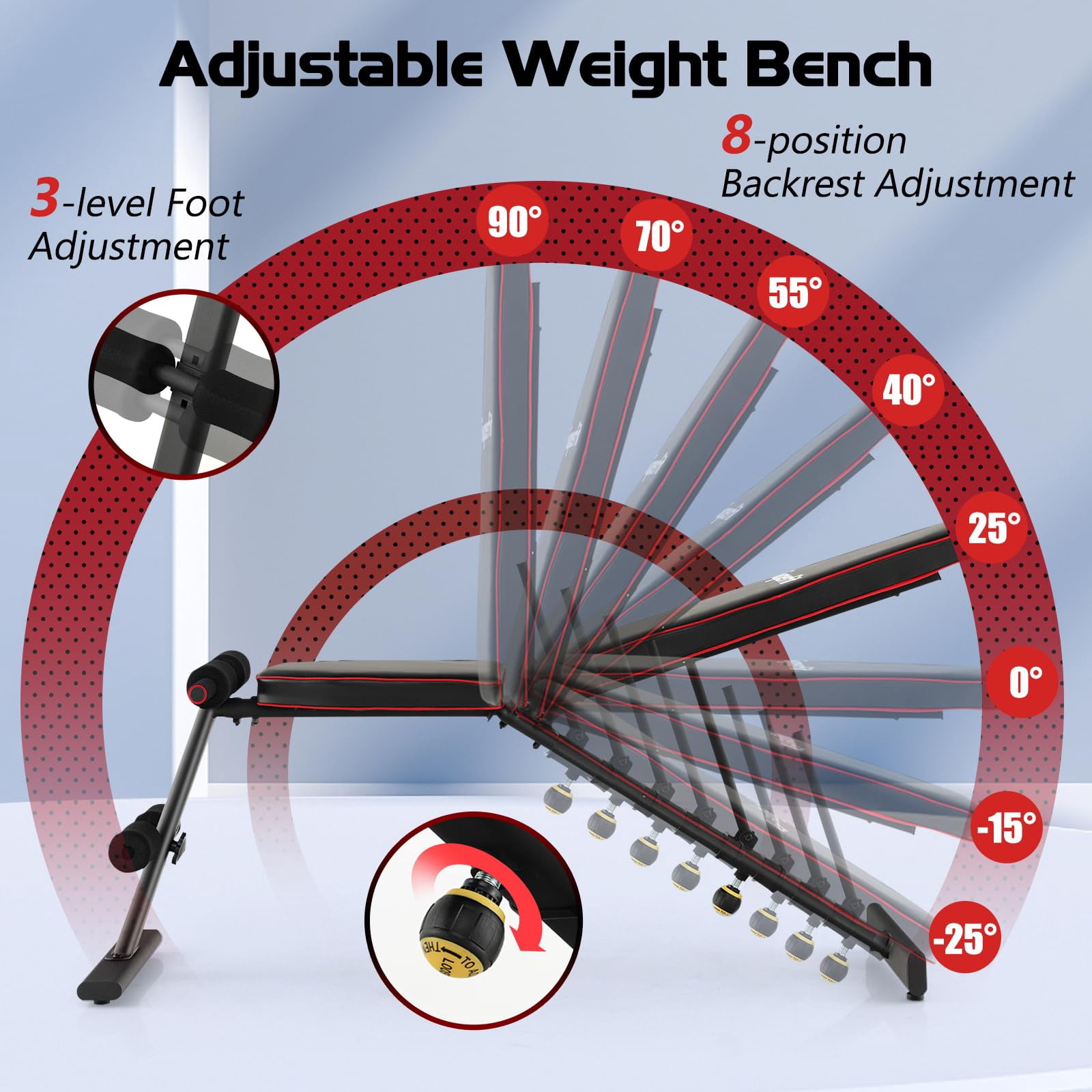 Incline Decline Flat Bench Adjustable, 8 Back & 3 Foot Settings, Padded Cushions for Home Gym, Dumbbell Press Workout Equipment, Black