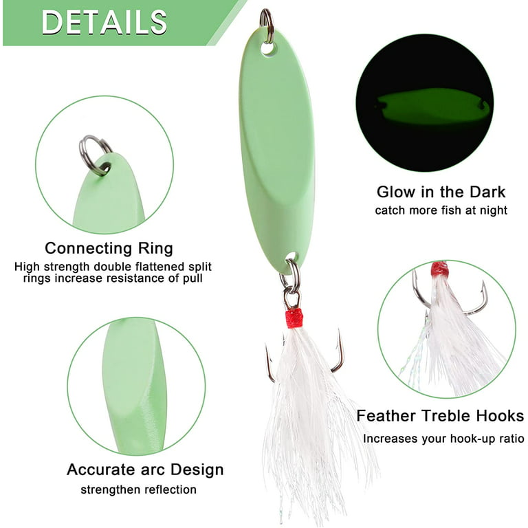 OROOTL Fishing Lures Spoons Metal Jigs ,6Pcs Luminescent Saltwater Jigging  Bait Spoon with Treble Hook Hard Micro Bass Walleyes Trout Salmon 