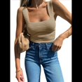 thumbnail image 3 of Camisetas Sin Mangas Acanaladas para Mujer, Verano 2025, Cuello Cuadrado, Informales, Ajustadas, de Punto. Caqui XL, 3 of 7