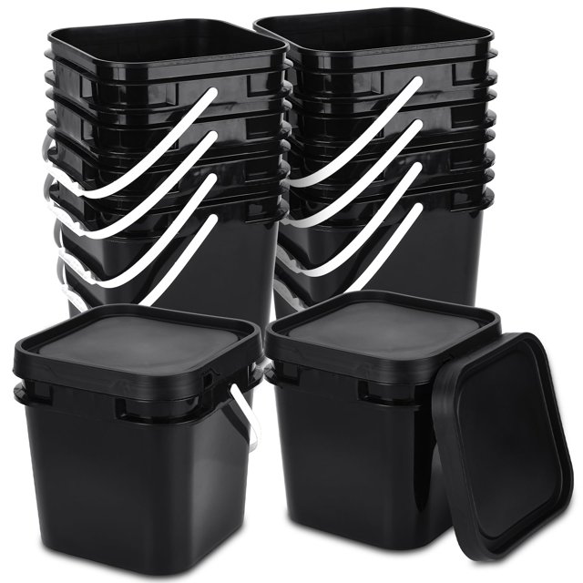 Cubo cuadrado Suzile de 10 litros con tapa de plástico apto para uso alimentario, negro, 10 unidades