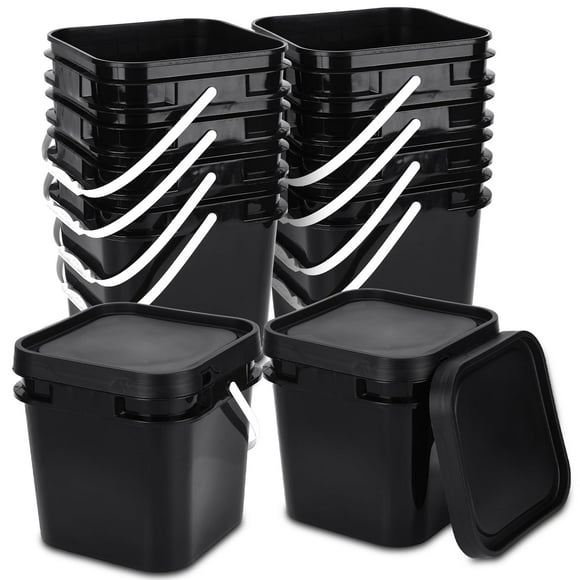 Cubo cuadrado Suzile de 10 litros con tapa de plástico apto para uso alimentario, negro, 10 unidades