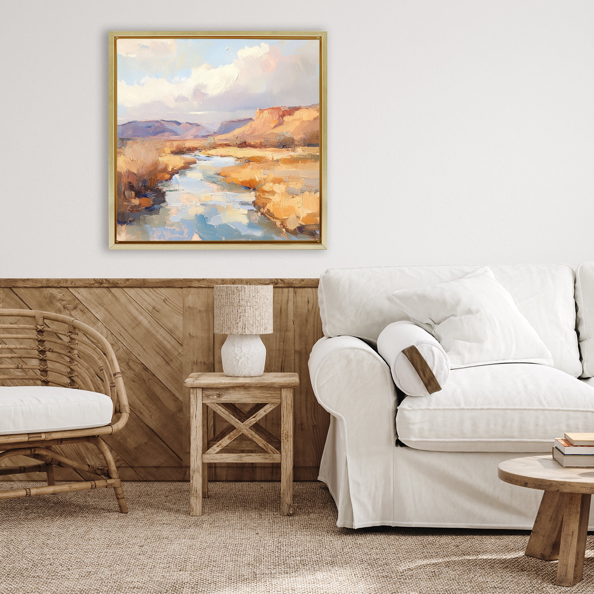 Stupell Industries Plateau River Evening Glow Gold Framed Floater Canvas Wall Art, design by Petal Prints Design