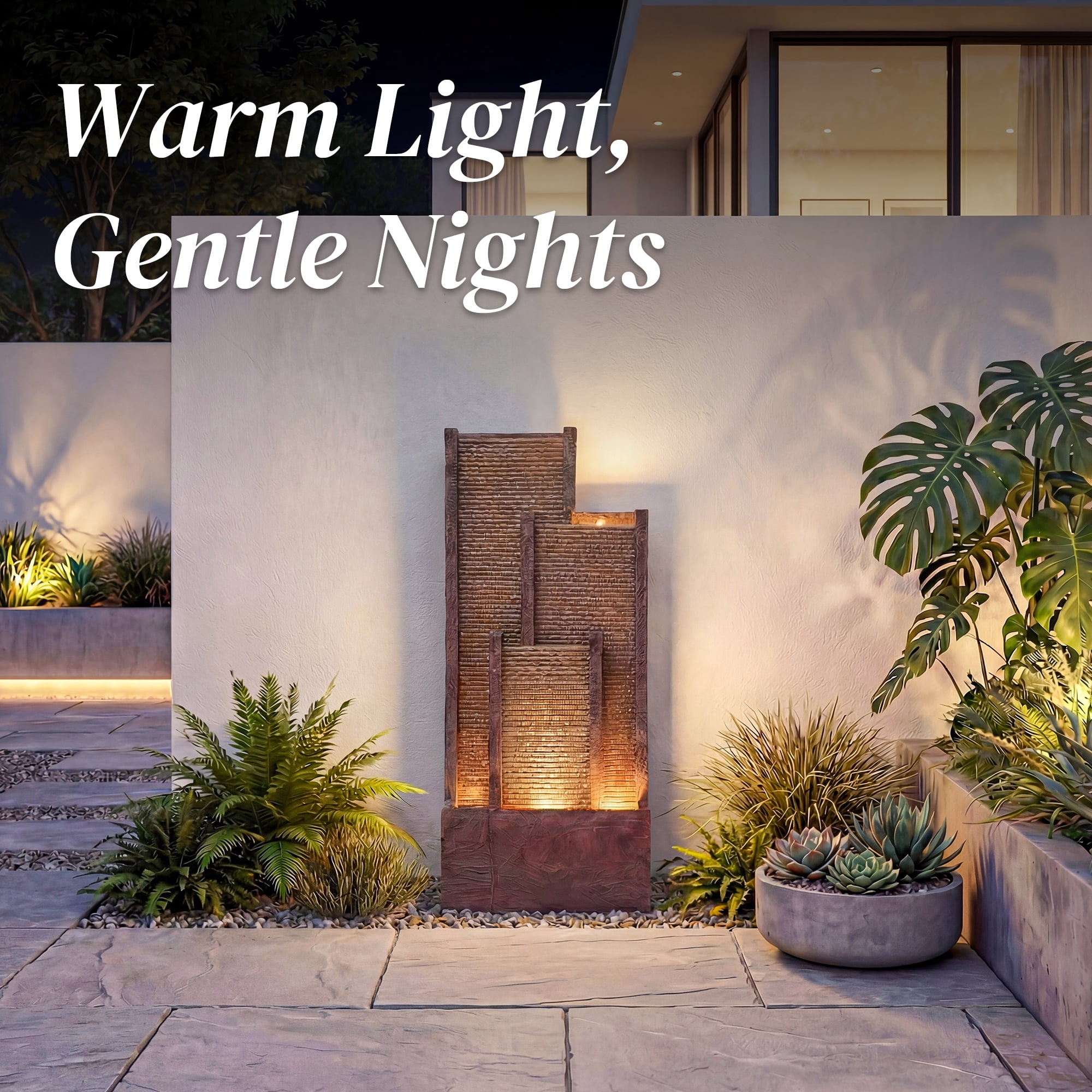 VBAL 40"H Outdoor Modern Curved Faux Slate Resin Waterfall Fountain with Warm LED Lights and Soothing Water Sound, Home Art Decor for Garden, Patio, Yard, Deck, Porch, Balcony in Brown