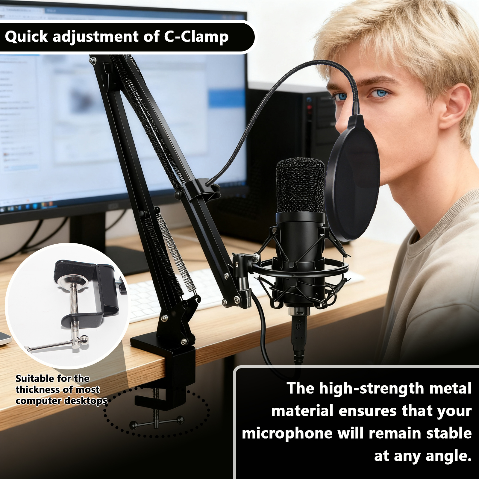 Arcticwind Professional Cardioid Condenser Microphone Kit for PC/Phone/Live Streaming/Karaoke Recording, Boom Arm Stand Included, Studio-Quality USB Mic for Podcasting, Singing, Gaming