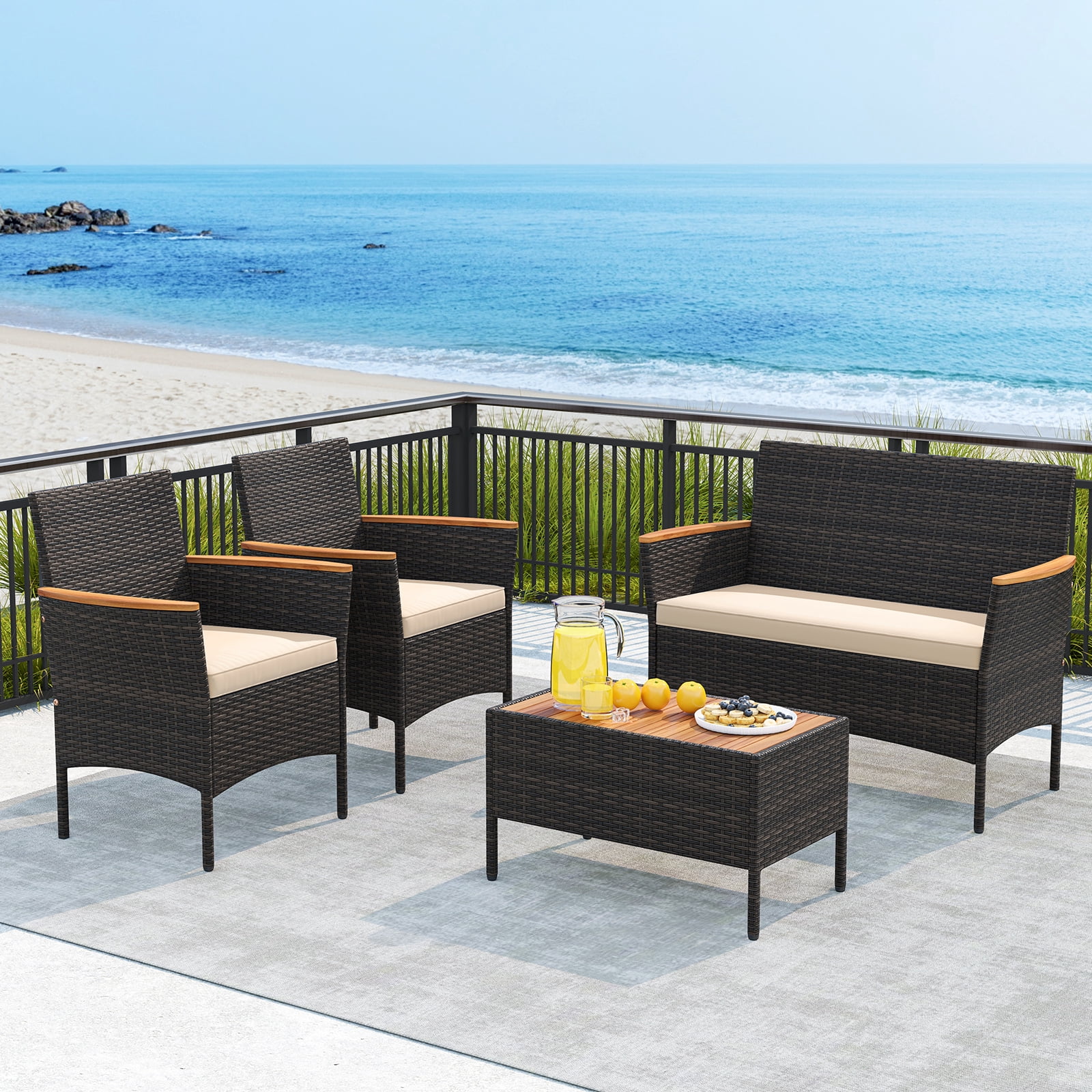 Gymax 8 Piece Outdoor Patio Rattan Furniture Set Rattan Conversation Set w/ Chairs & Loveseat