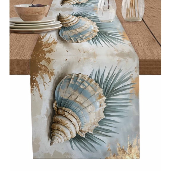 Blue Brown Coastal Table Runner 36 Inches, Summer Beach Conch Palm Leaf Bed Runner Dresser Scarves Tabletop for Indoor Outdoor Parties/Ceremony/Banquet, 13"x 36"