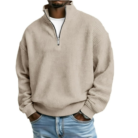 Chiccall Mens Quarter Zip Sweatshirts Mock Neck Casual Loose Vinatge Textured Knit Pullover Tops for Men