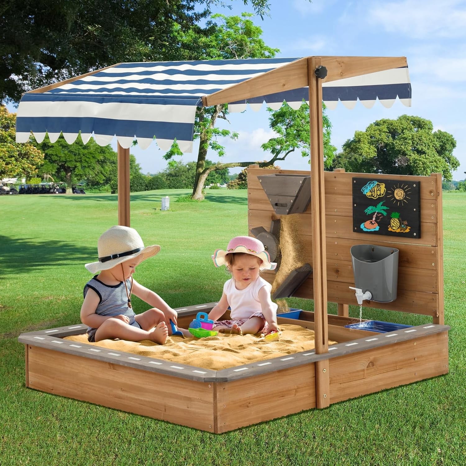 Kids Large Wooden Sandbox with Cover, Outdoor Sand box for Kids with Adjustable Cover, Funnel & Drawing Board, Backyard Sand Pit for Garden, Patio, Beach