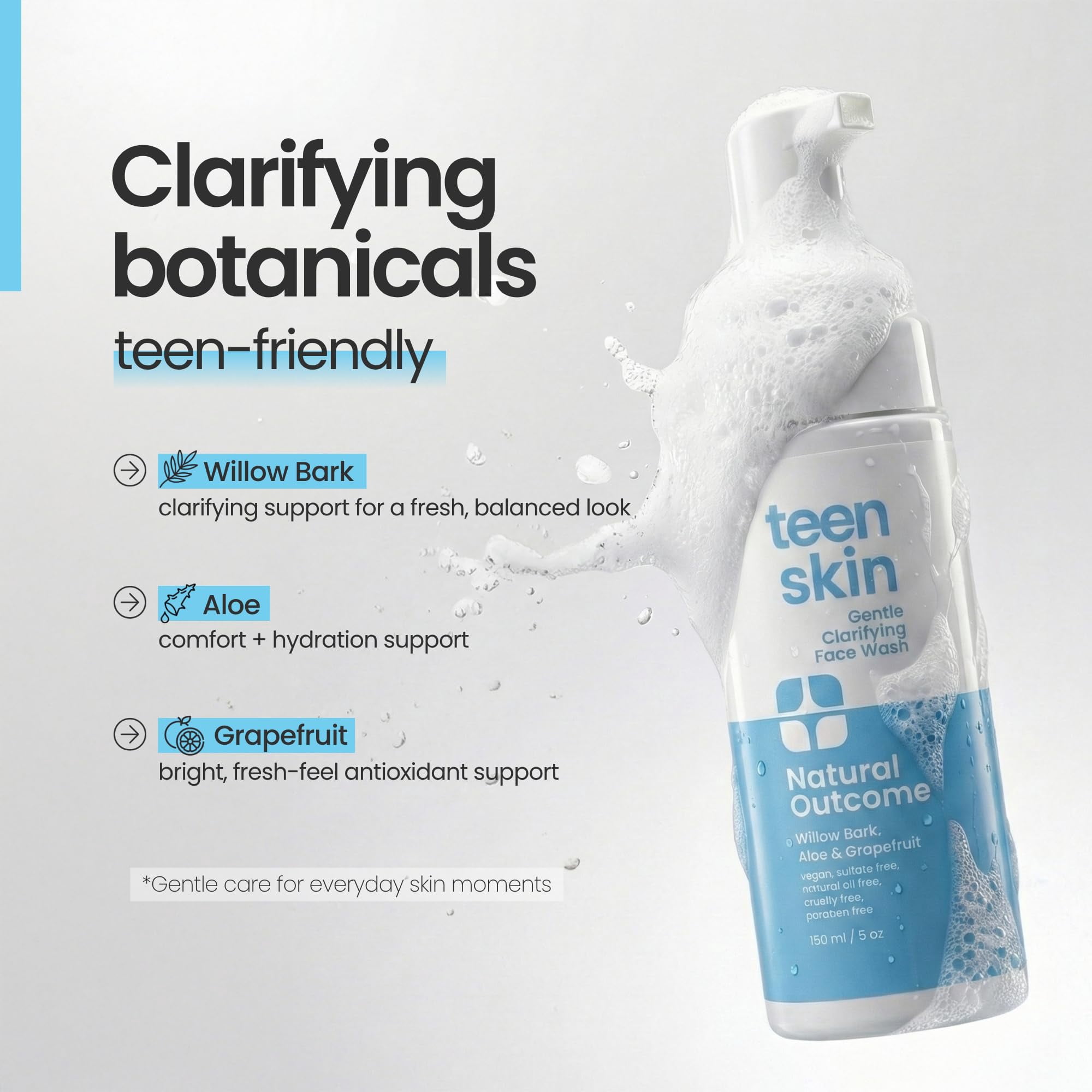 Teen Face Wash Skin | Gentle Foaming Daily Boys & Girls Facial Cleanser Lotion | Natural Non-toxic Ingredients | For Teens, Preteens & Kids Looking to Prevent Acne | 5 oz by Natural Outcome