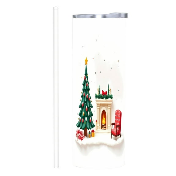 20 oz Stainless Steel Insulated Tumbler - Festive Christmas Scene with Tree Fireplace and Snowfall - Perfect for Home Office and Travel